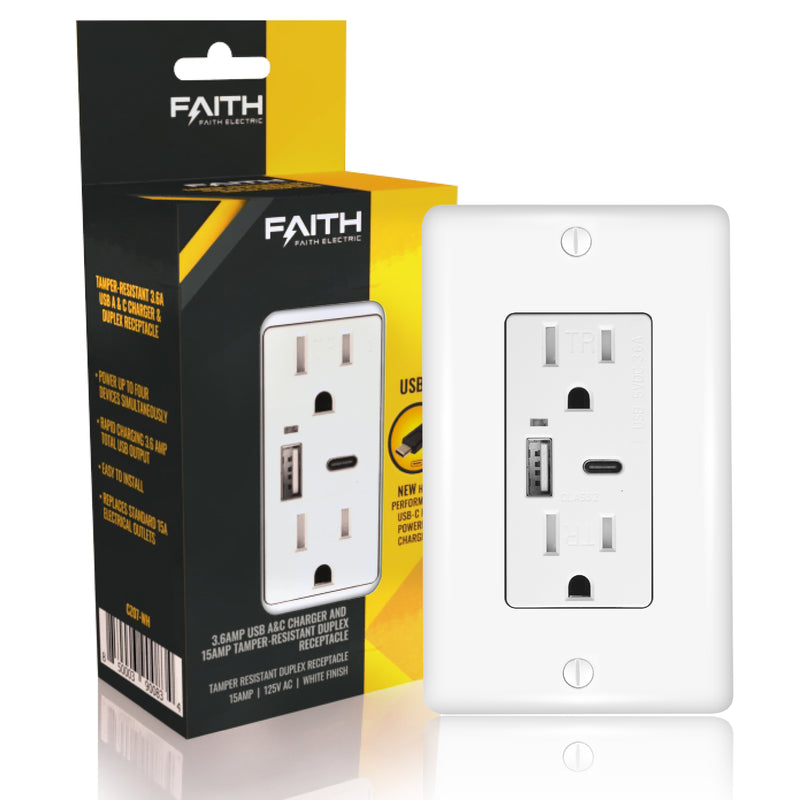 3.6A Type A & C USB Outlet and 15A Decorator Tamper-Resistant Outlet